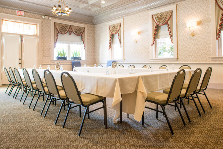 a banquet room set up for a meeting or event